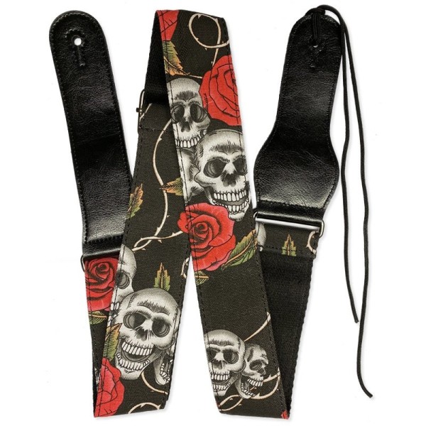 RockYou 2″ Denim Adjustable Guitar Strap, Pic Holder, SKULLS & ROSES