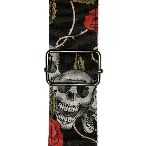 RockYou 2″ Denim Adjustable Guitar Strap, Pic Holder, SKULLS & ROSES